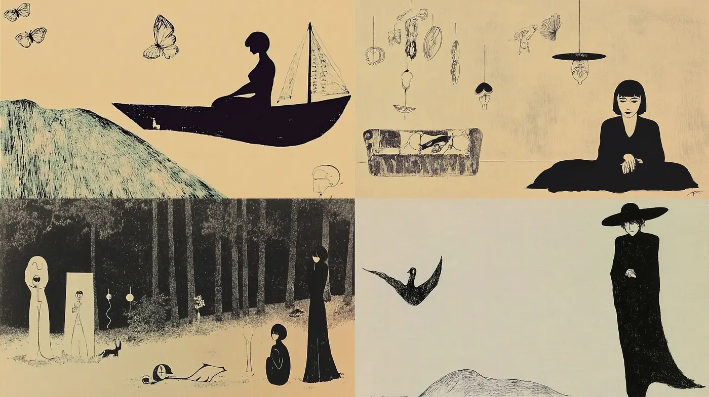 Ethereal Monochrome Dreamscape with Stylized Nature Elements - Midjourney sref style