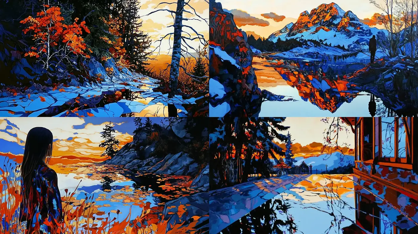 Twilight Hues and Rugged Contours: A Homage to Nature's Vibrancy in Stylized Art - Midjourney sref style