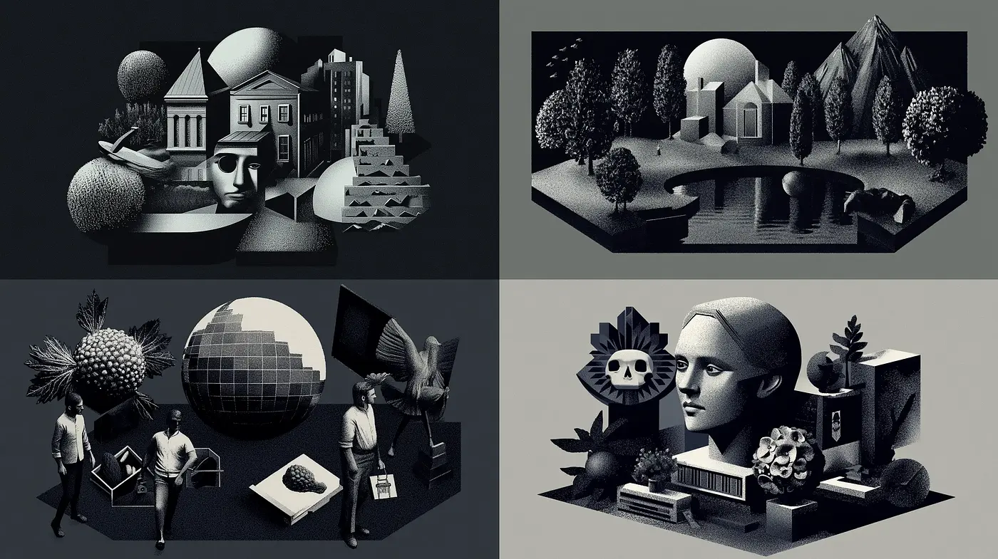 Monochromatic Surrealism with Geometric Harmony - Midjourney sref style