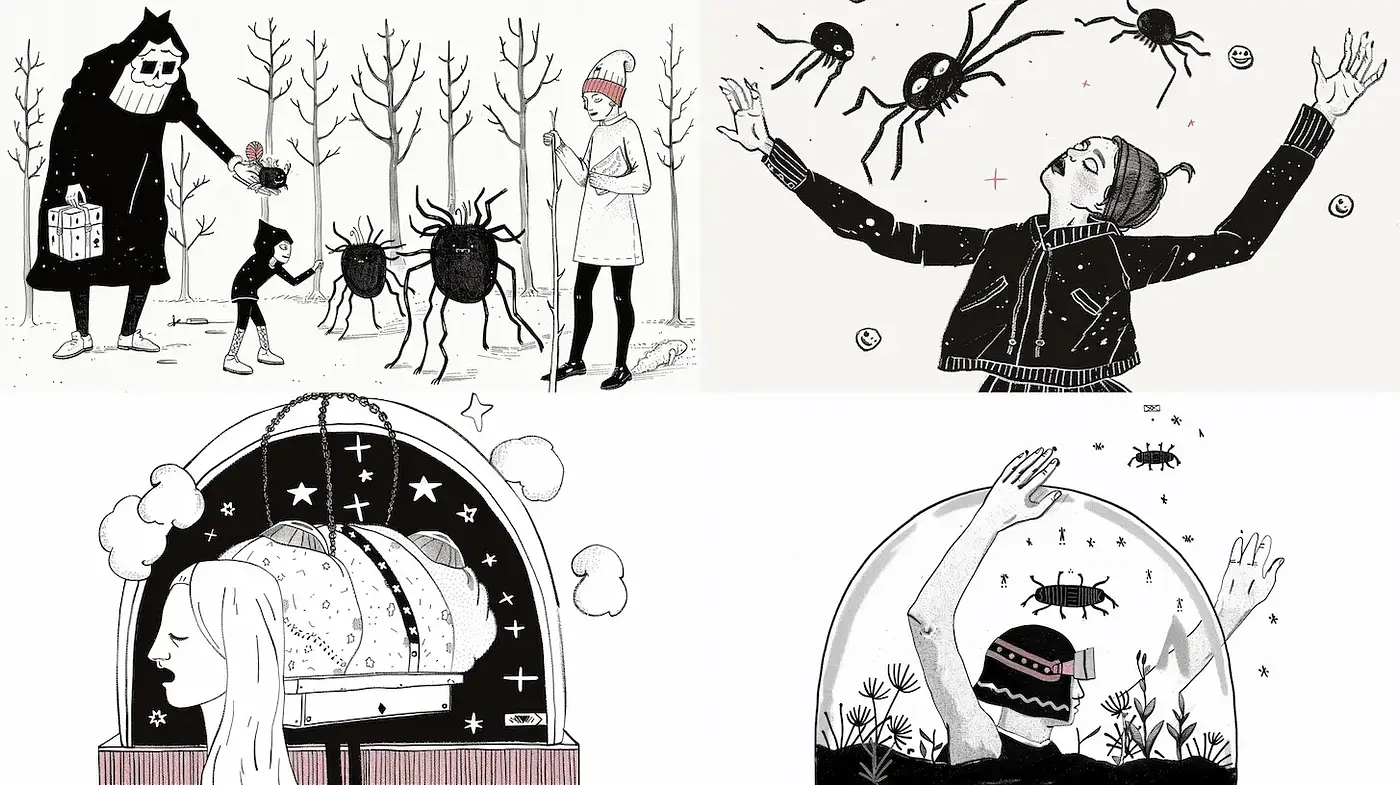 Quirky and Whimsical Illustrations with Eerie Elements - Midjourney sref style