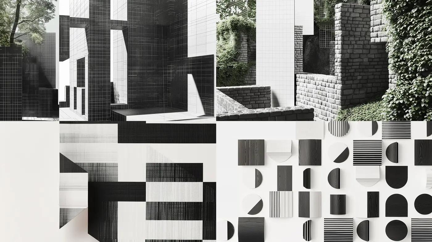 Monochromatic Geometric Abstraction in Architectural Design - Midjourney sref style