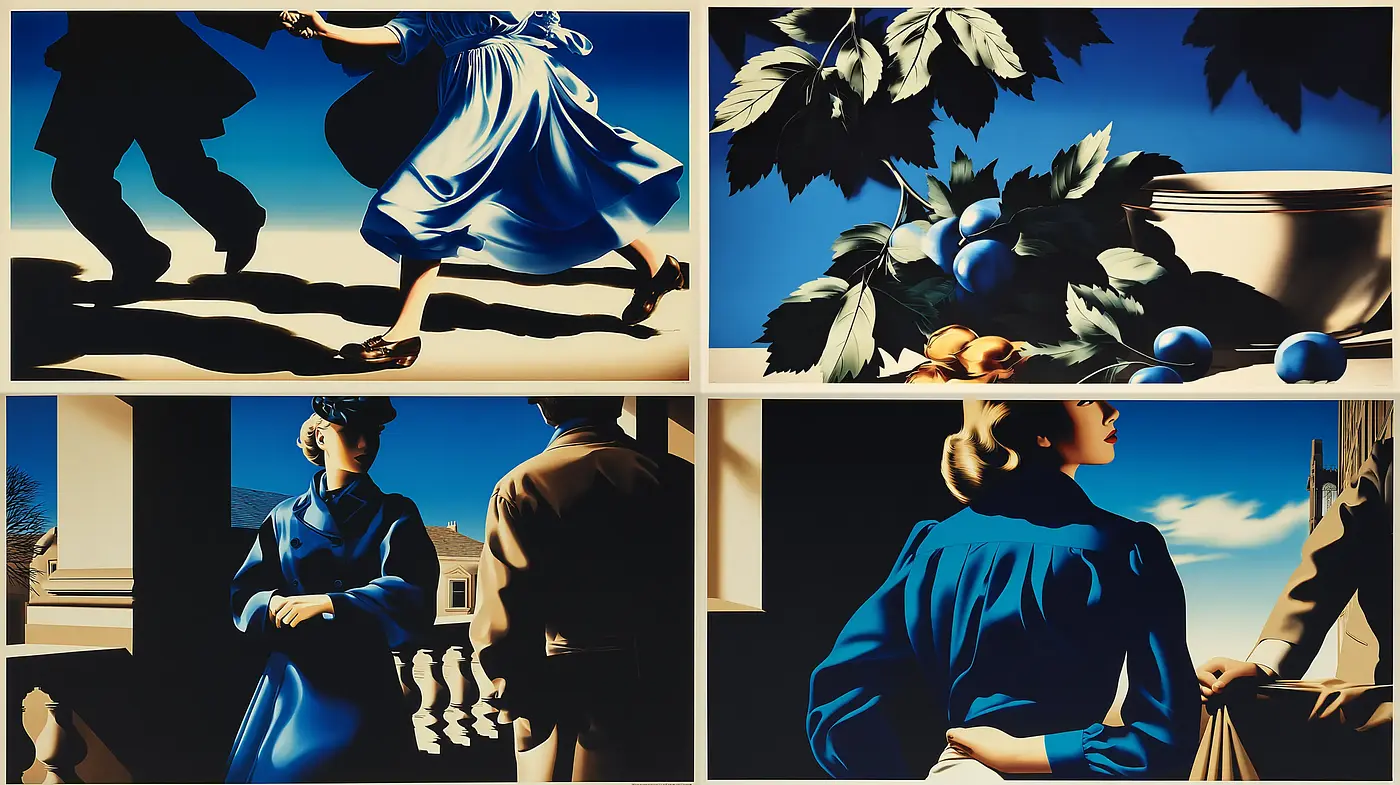 Stylized Depictions of Emotional Moments with Bold Colors and Dramatic Shadows - Midjourney sref style