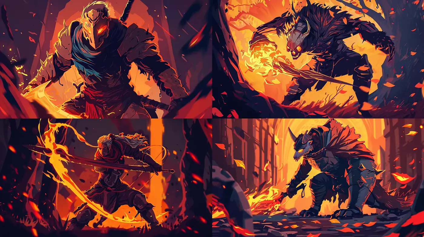 Dynamic Ember Hues of Fantasy Battle Scenes - Midjourney sref style
