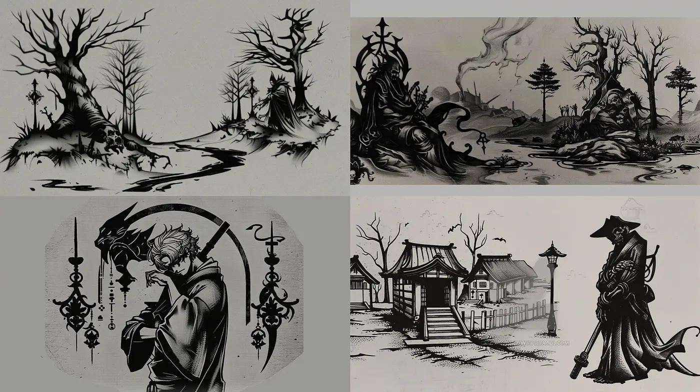 Monochromatic Elegy: A Fusion of Gothic Intrigue and Graphic Novel Aesthetics - Midjourney sref style