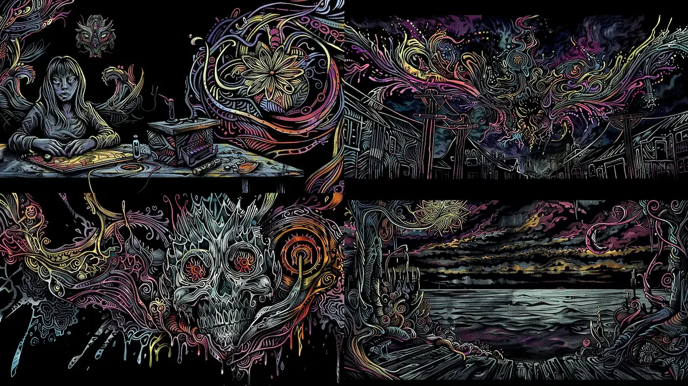 Surreal, psychedelic illustration with intricate designs and vivid textures - Midjourney sref style