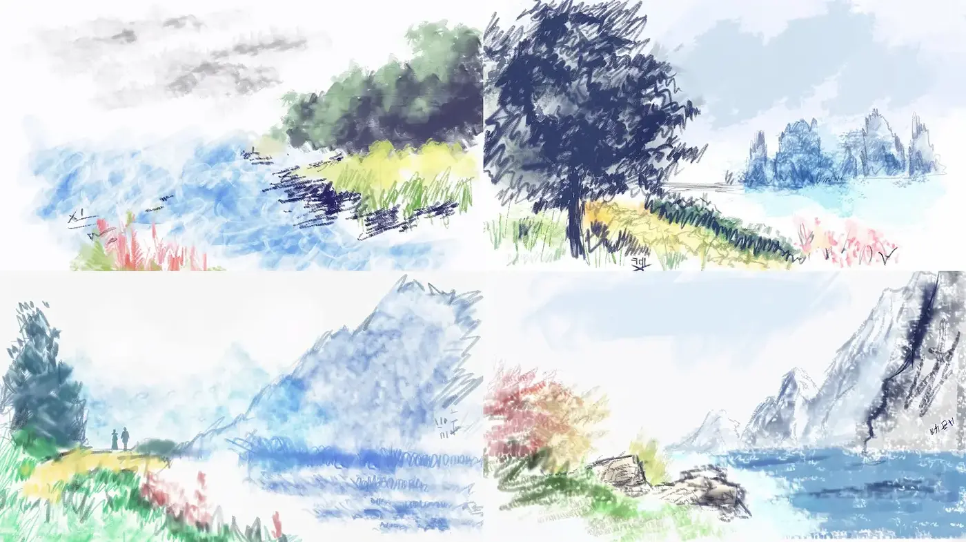Serene Landscape Illustrations with Watercolor Technique - Midjourney sref style