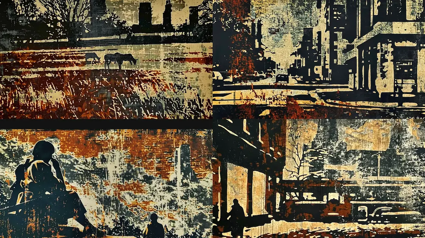 Bold and textured urban landscapes with a nostalgic touch - Midjourney sref style