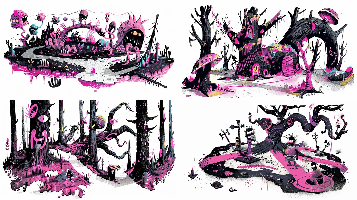 Eccentric Whimsical Nightmare: A Fantastical Fusion of Gothic and Cartoon Elements - Midjourney sref style