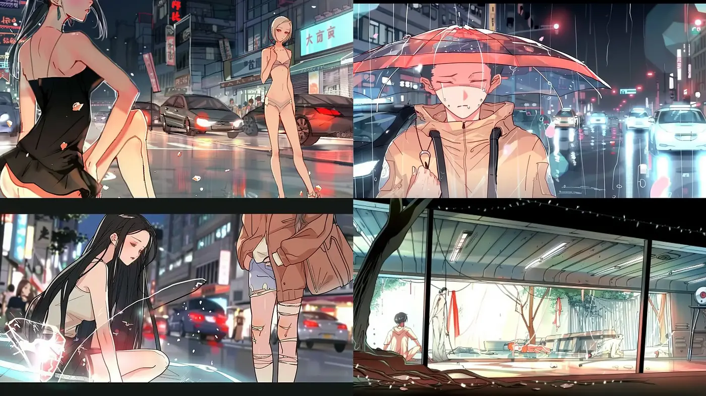 Neon-Noir Urban Dreamscape: A Synthesis of Anime and Cyberpunk Aesthetics - Midjourney sref style