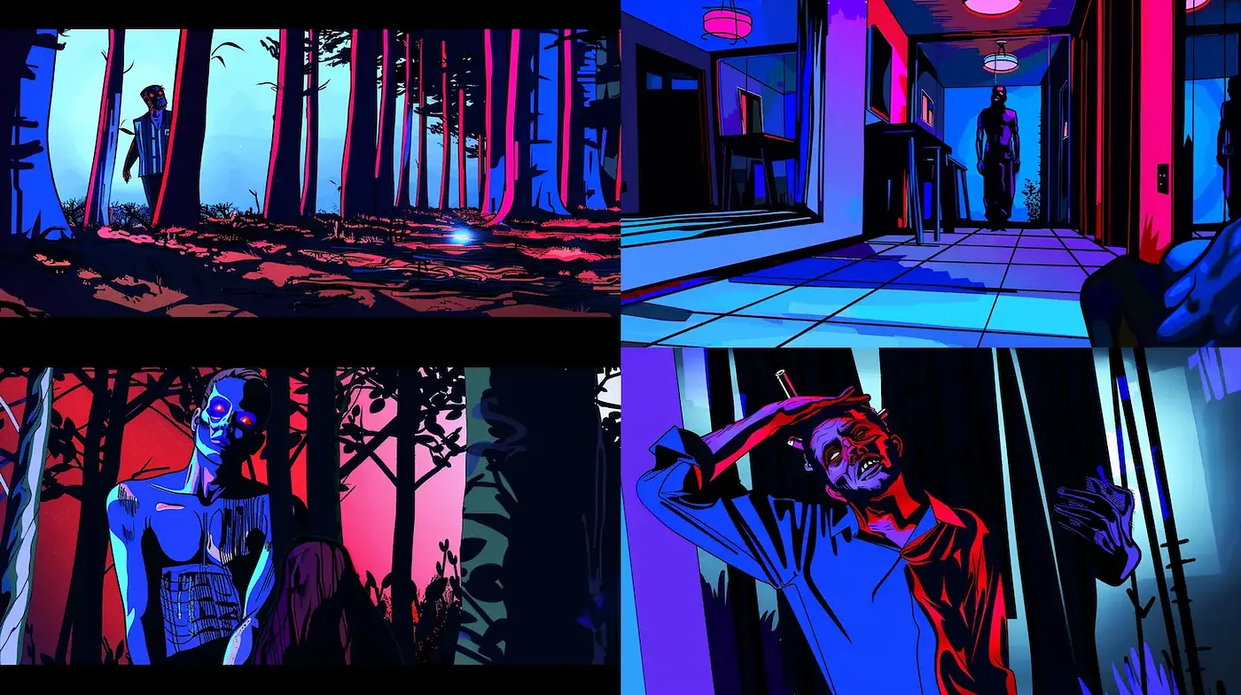 Dramatic Graphic Illustrations with Neon Accents and Horror Undertones - Midjourney sref style