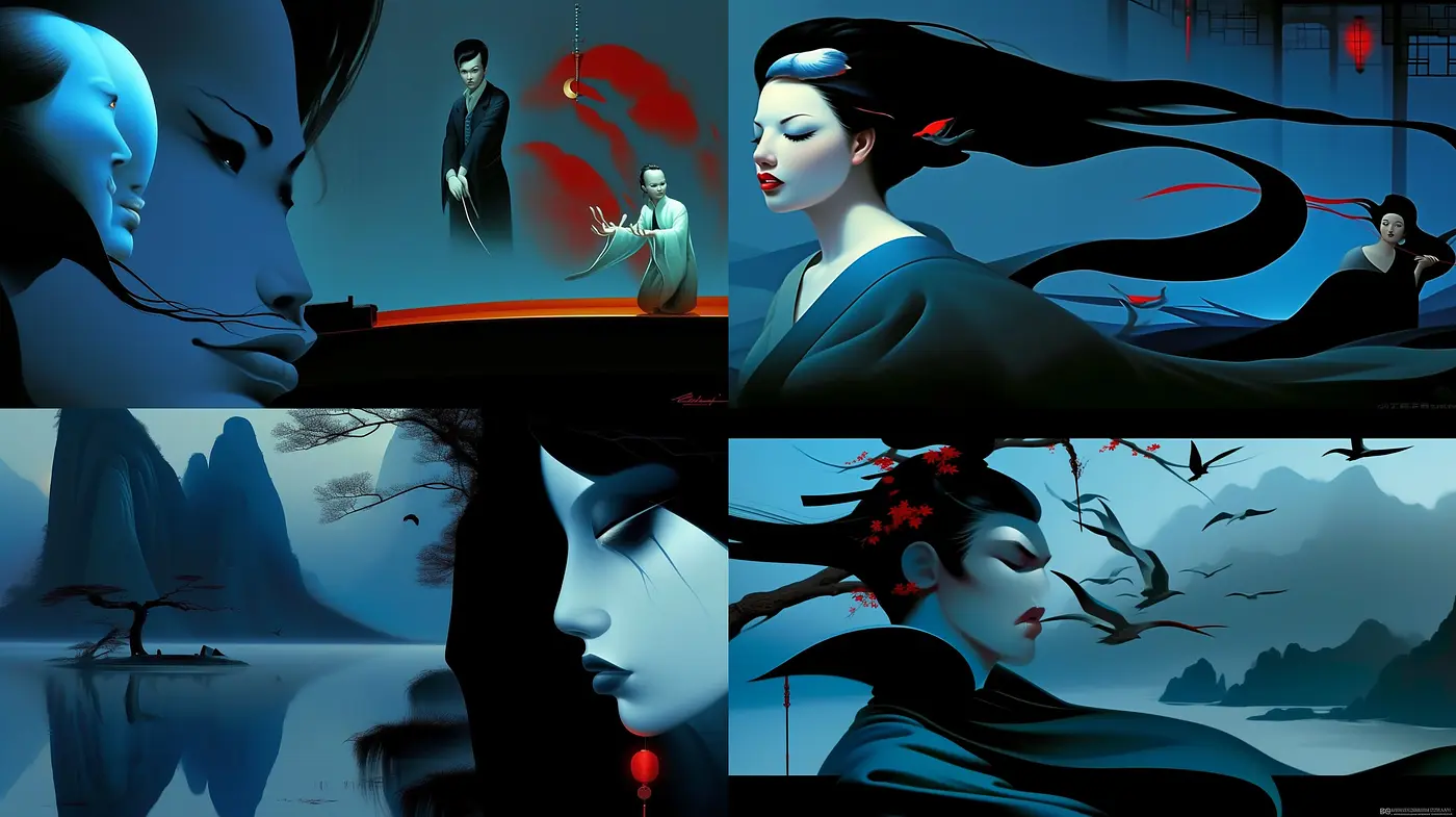 Ethereal Nocturne: A Moody Fusion of Digital Artistry and Oriental Elegance - Midjourney sref style