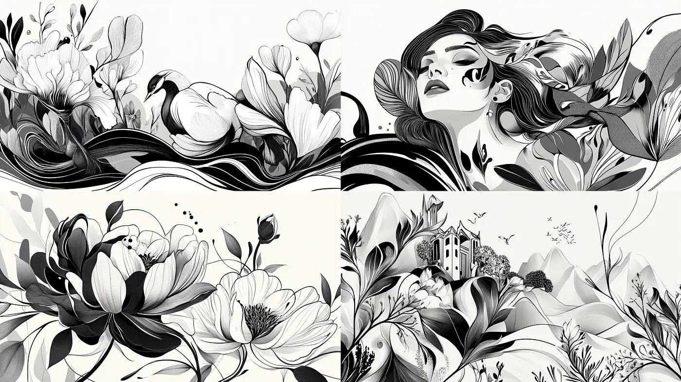 Monochromatic Elegance in Stylized Nature - Midjourney sref style