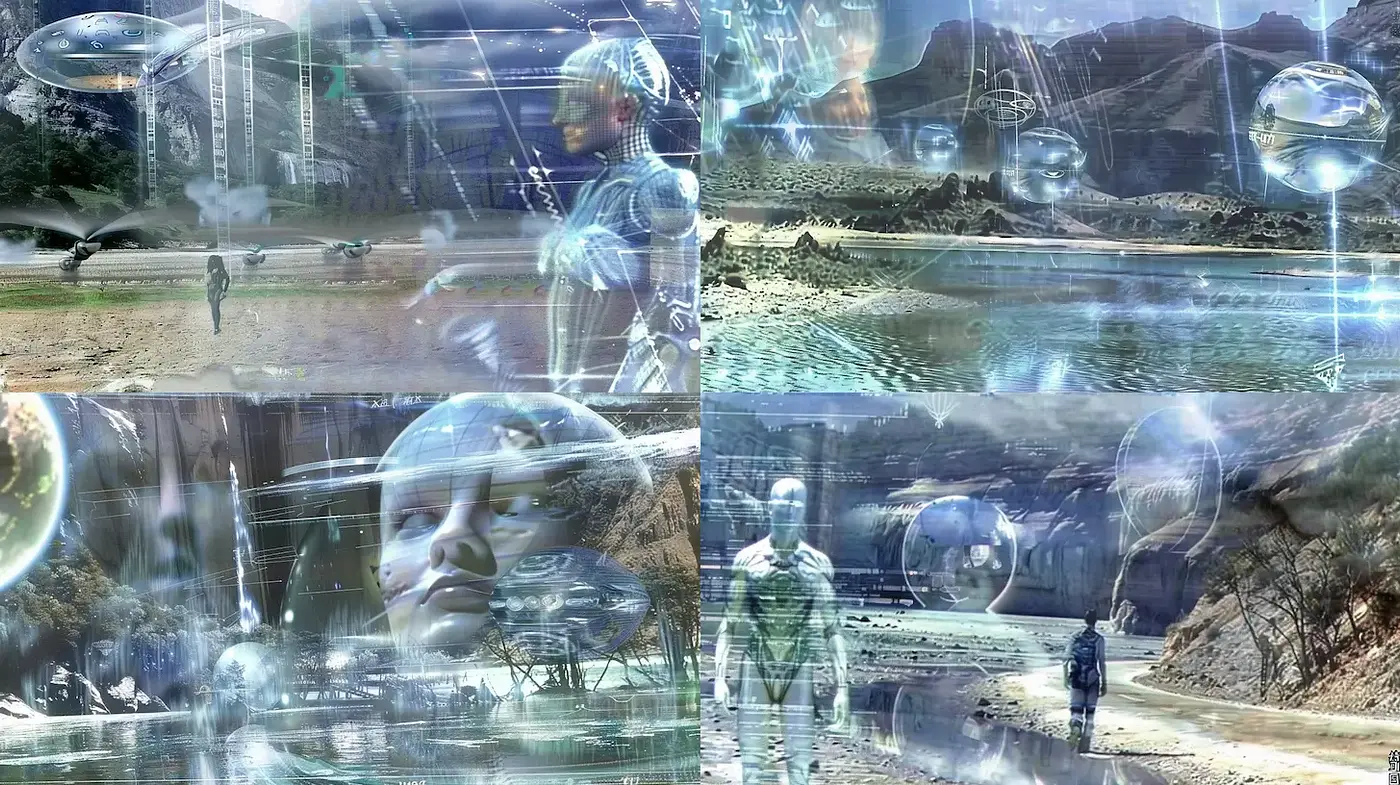 Futuristic landscape with ethereal technology and serene environments - Midjourney sref style