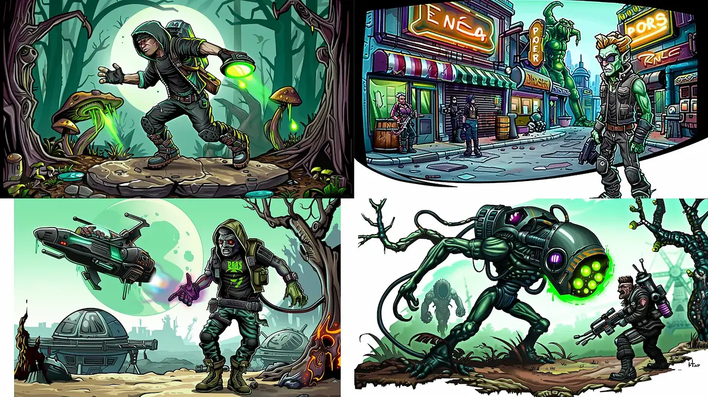Futuristic Urban Adventure with a Distinctive Comic Aesthetic - Midjourney sref style