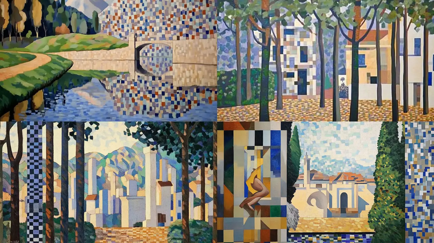 Geometric Harmony: A Stylized Synthesis of Nature and Architecture - Midjourney sref style