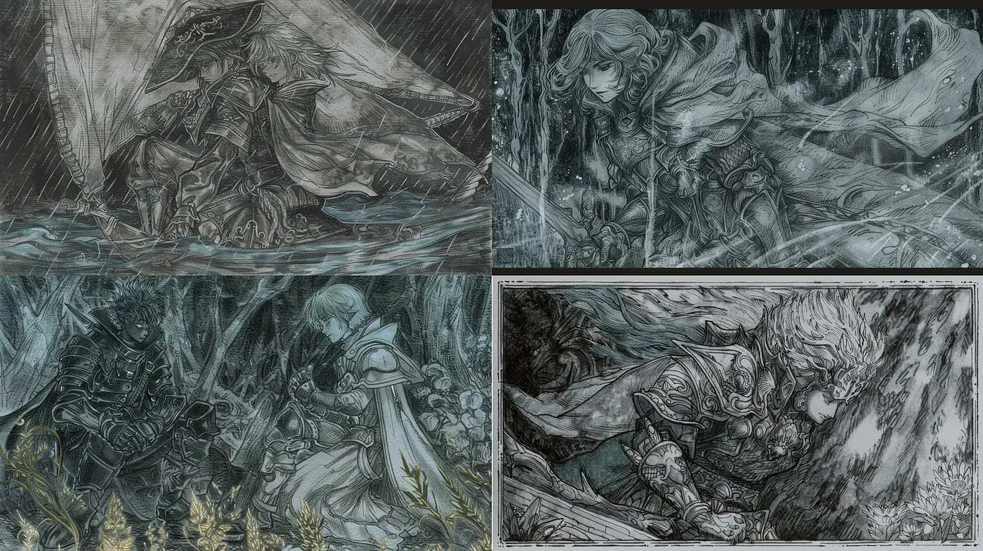 Ethereal Monochromatic Fantasia: A Consistent Vision in Varied Scenes - Midjourney sref style