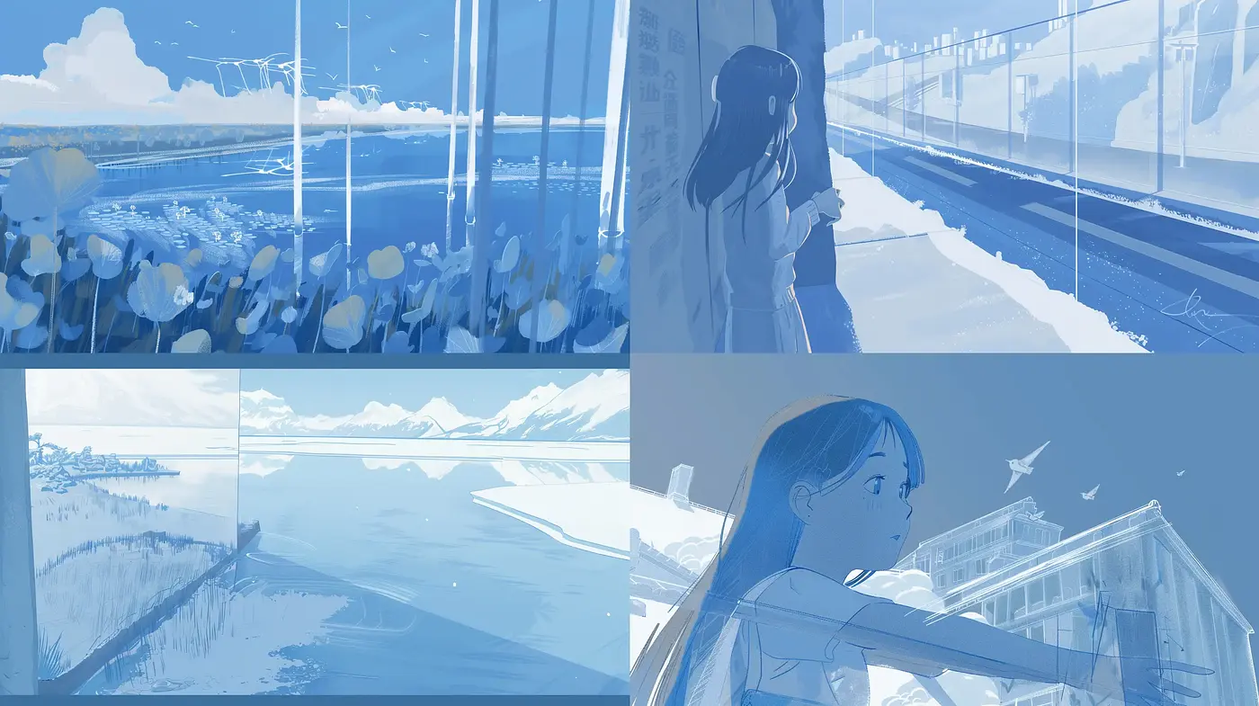 Ethereal Monochrome Blues: A Serene and Illustrative Anime-Inspired Dreamscape - Midjourney sref style
