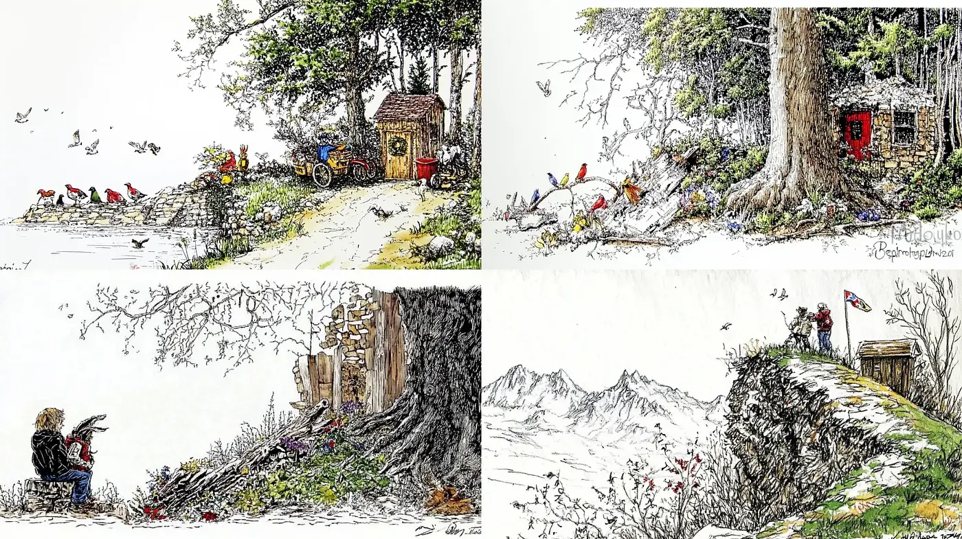 Intricately Textured Sketch-Like Rural Landscapes with Vivid Splashes of Color - Midjourney sref style