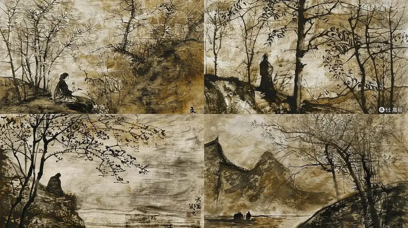 Ethereal Landscapes with Ink Wash Technique and Minimalist Mood - Midjourney sref style