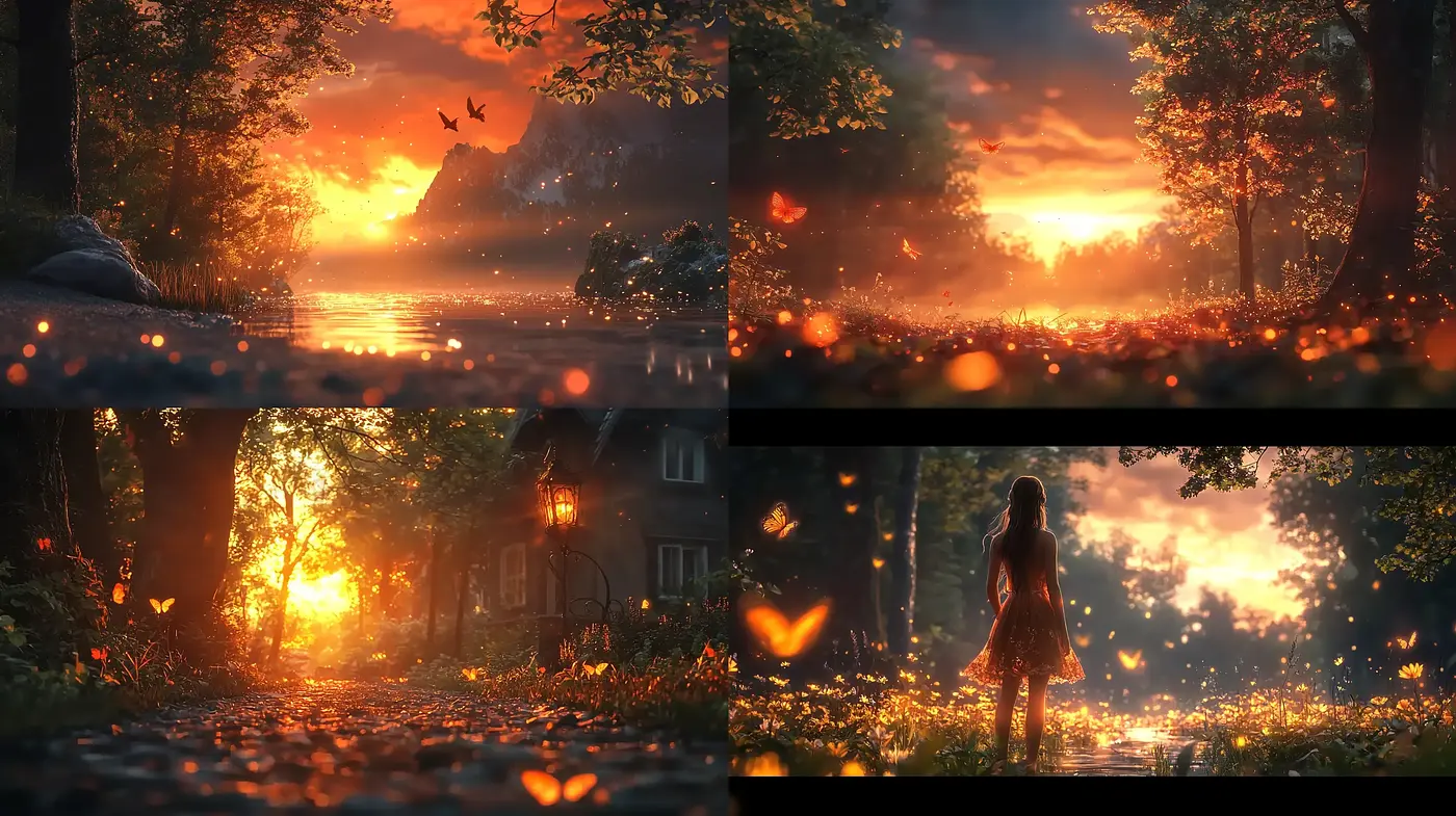Sunset Hues and Ethereal Lightscapes: A Tranquil Journey through Luminous Environments - Midjourney sref style
