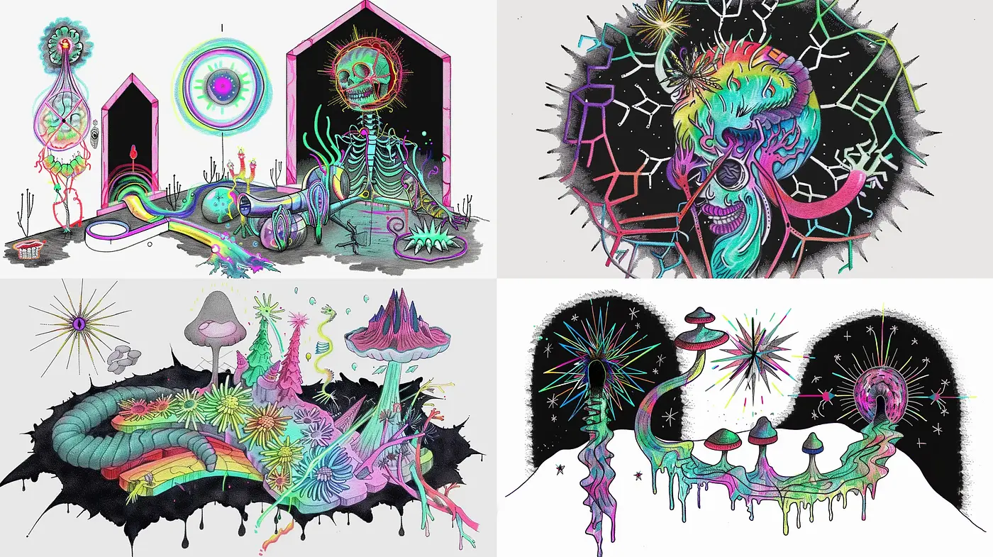 Psychedelic Dreamscapes: A Vivid Journey Through Surrealist Visions - Midjourney sref style