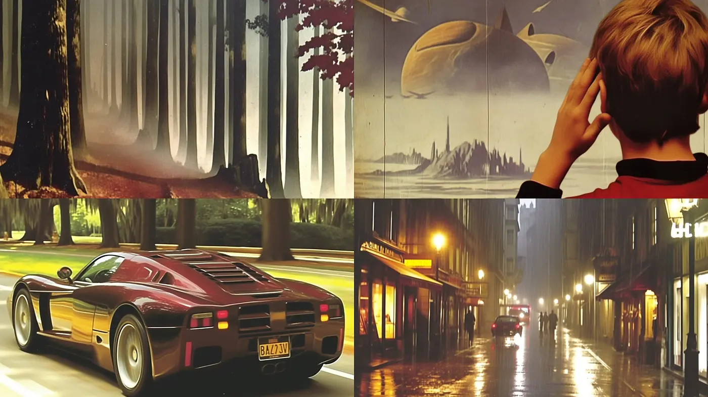 Nostalgic Hues of Golden Hour: A Consistent Thematic Artistic Vision Across Diverse Scenes - Midjourney sref style