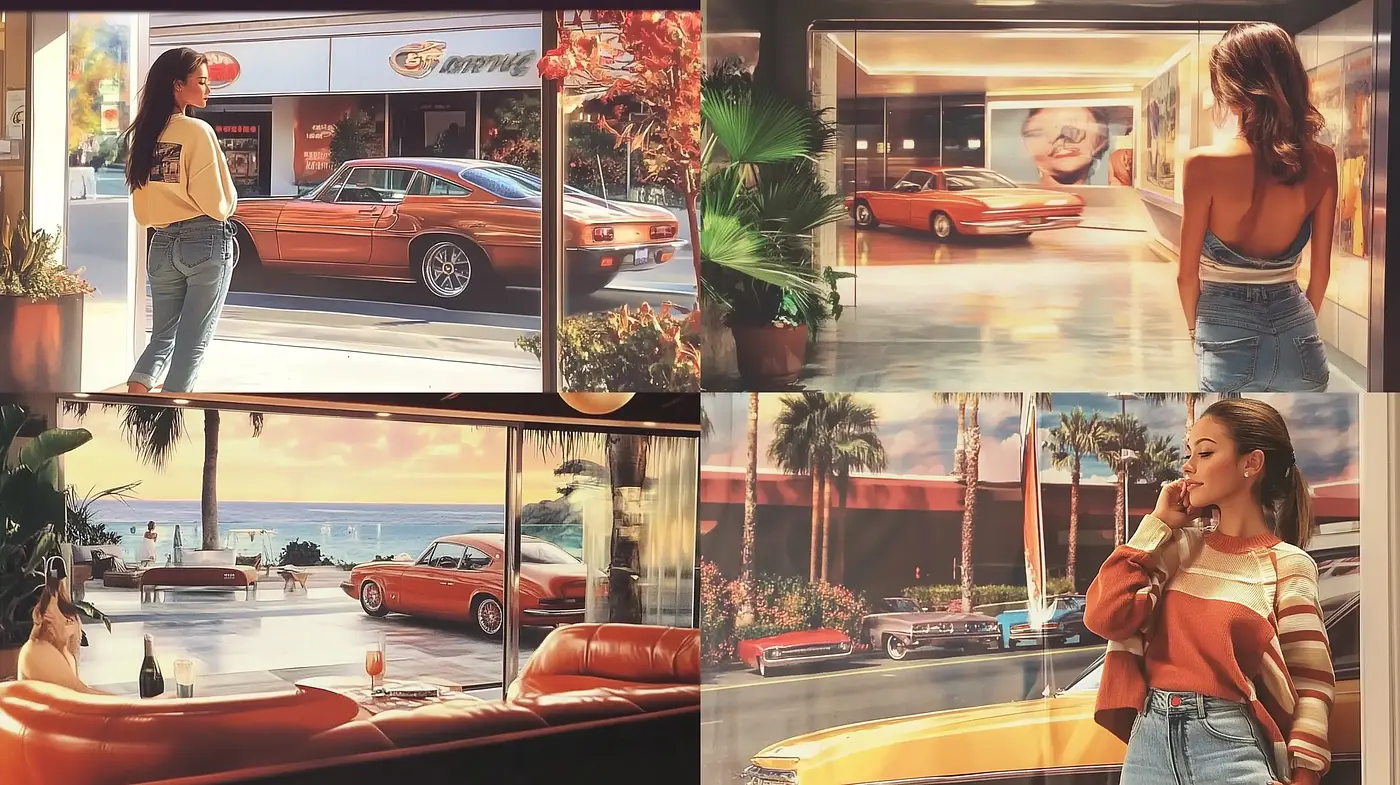 Sundrenched Retro Americana: A Homage to Nostalgic Warmth and Classic Automotive Culture - Midjourney sref style