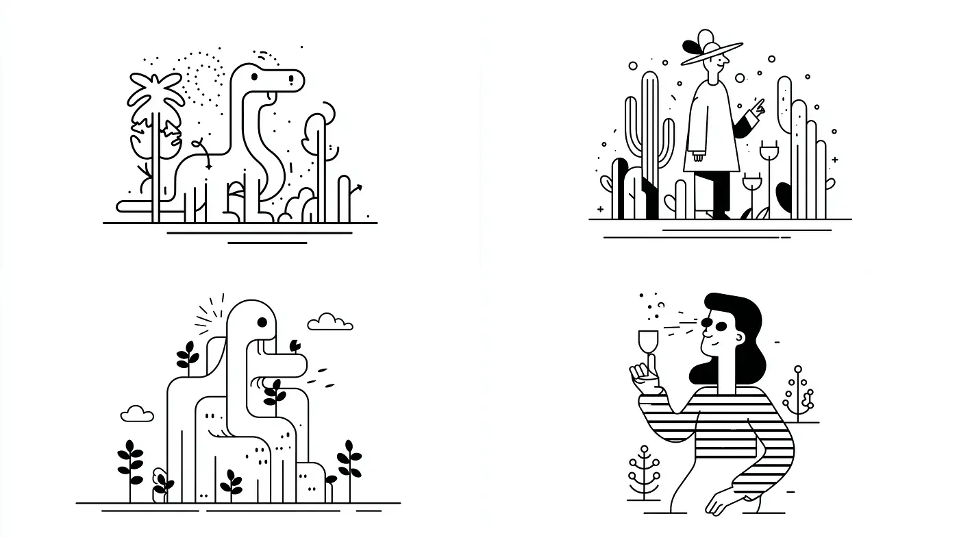 Stylized Minimalist Illustrations with Organic Forms and Playful Characterization - Midjourney sref style
