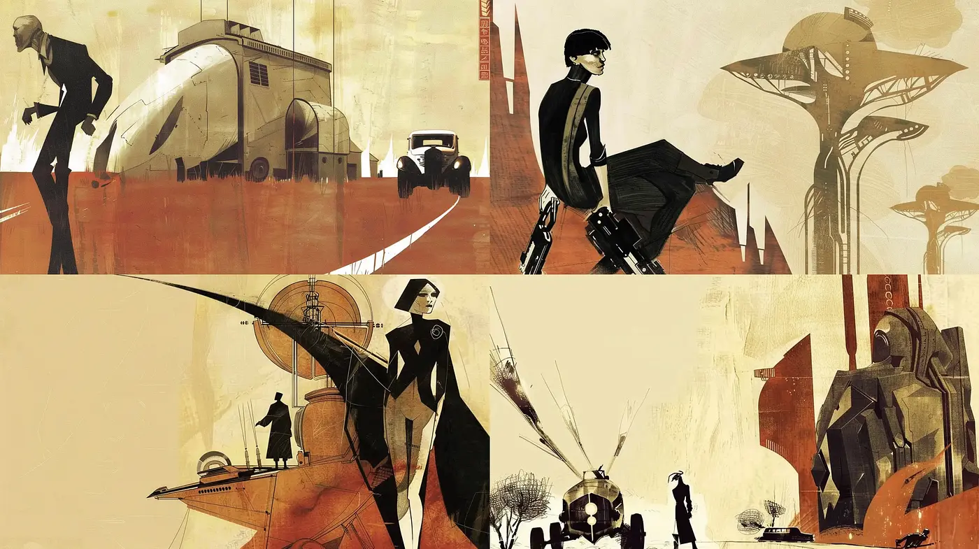 Retro-Futuristic Sepia Tones: An Exploration of Stylized Science Fiction Elegance - Midjourney sref style