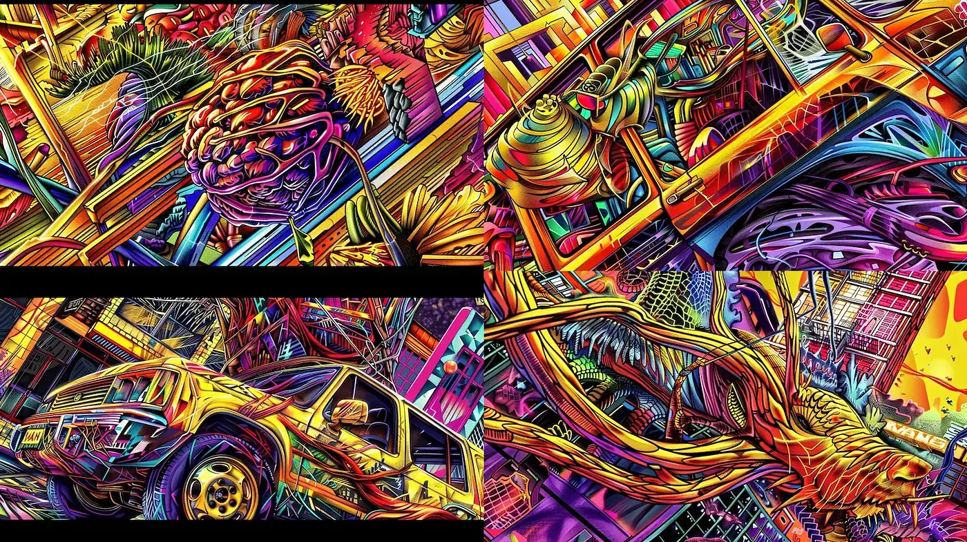 Vibrant and Dynamic Urban Expressionism with A Touch of Surrealism - Midjourney sref style