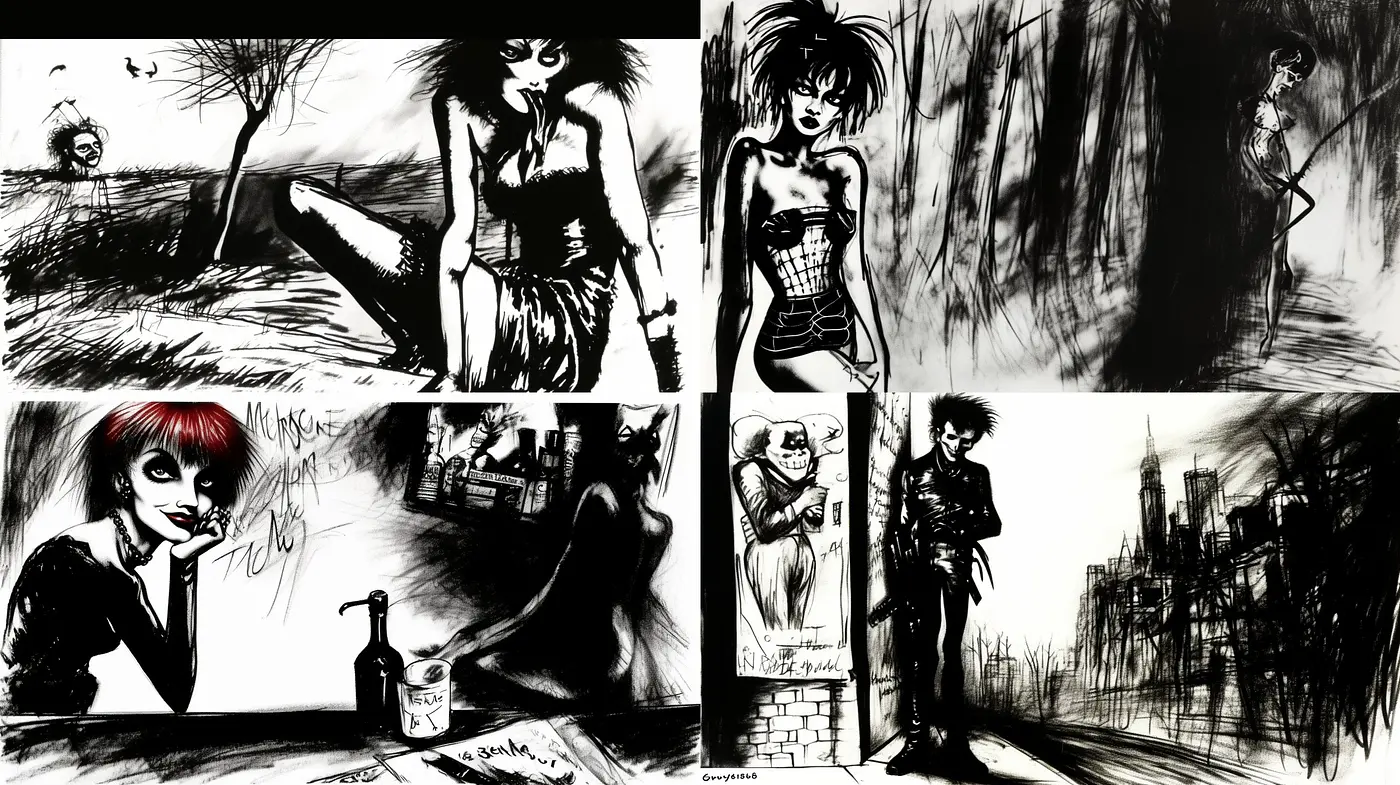 Gothic Noir Brush Strokes and Monochrome Shades - Midjourney sref style