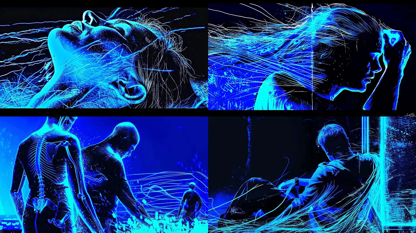 Luminous Ethereal Forms: A Dance of Light and Shadow in Monochrome Blue - Midjourney sref style