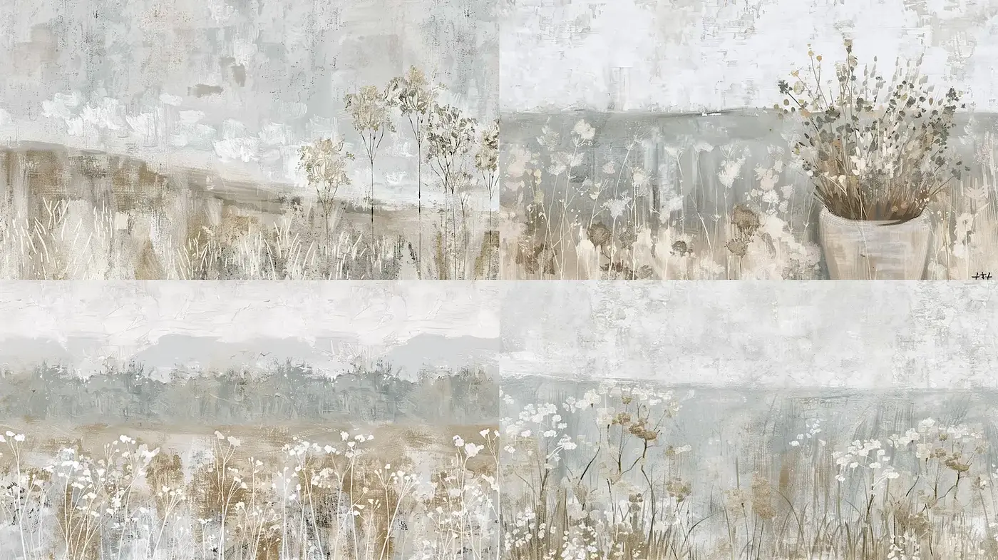 Serene Pastoral Landscapes with Subdued Tones and Organic Textures - Midjourney sref style