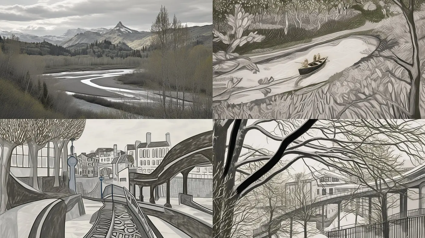 Monochromatic Sketchbook Nostalgia: A Cinematic Journey Through Pen-Shaded Landscapes - Midjourney sref style