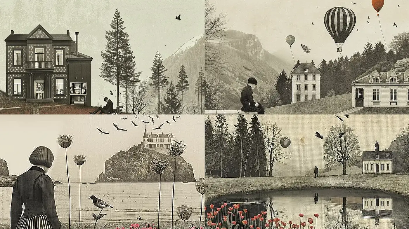 Whimsical Surrealism with a Vintage Aesthetic amidst Nature - Midjourney sref style
