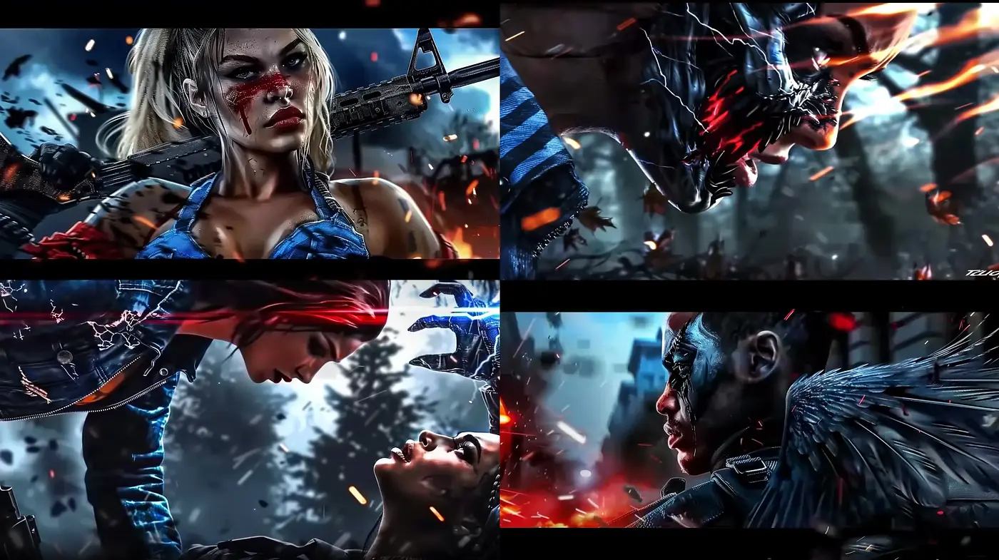 Dynamic Combat Montage with a Painterly Essence in Cinematic Hues - Midjourney sref style