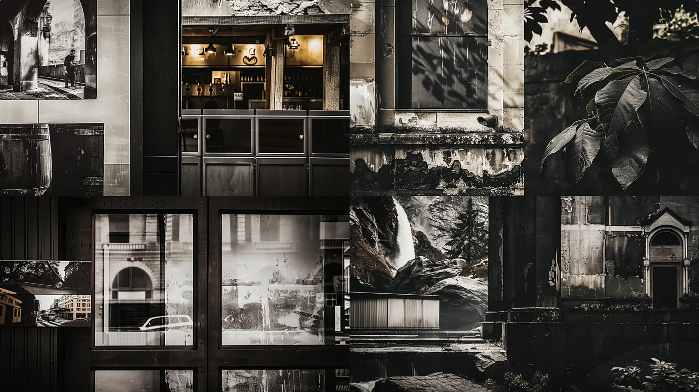 Monochromatic Textural Harmony in Urban and Natural Tableaux - Midjourney sref style