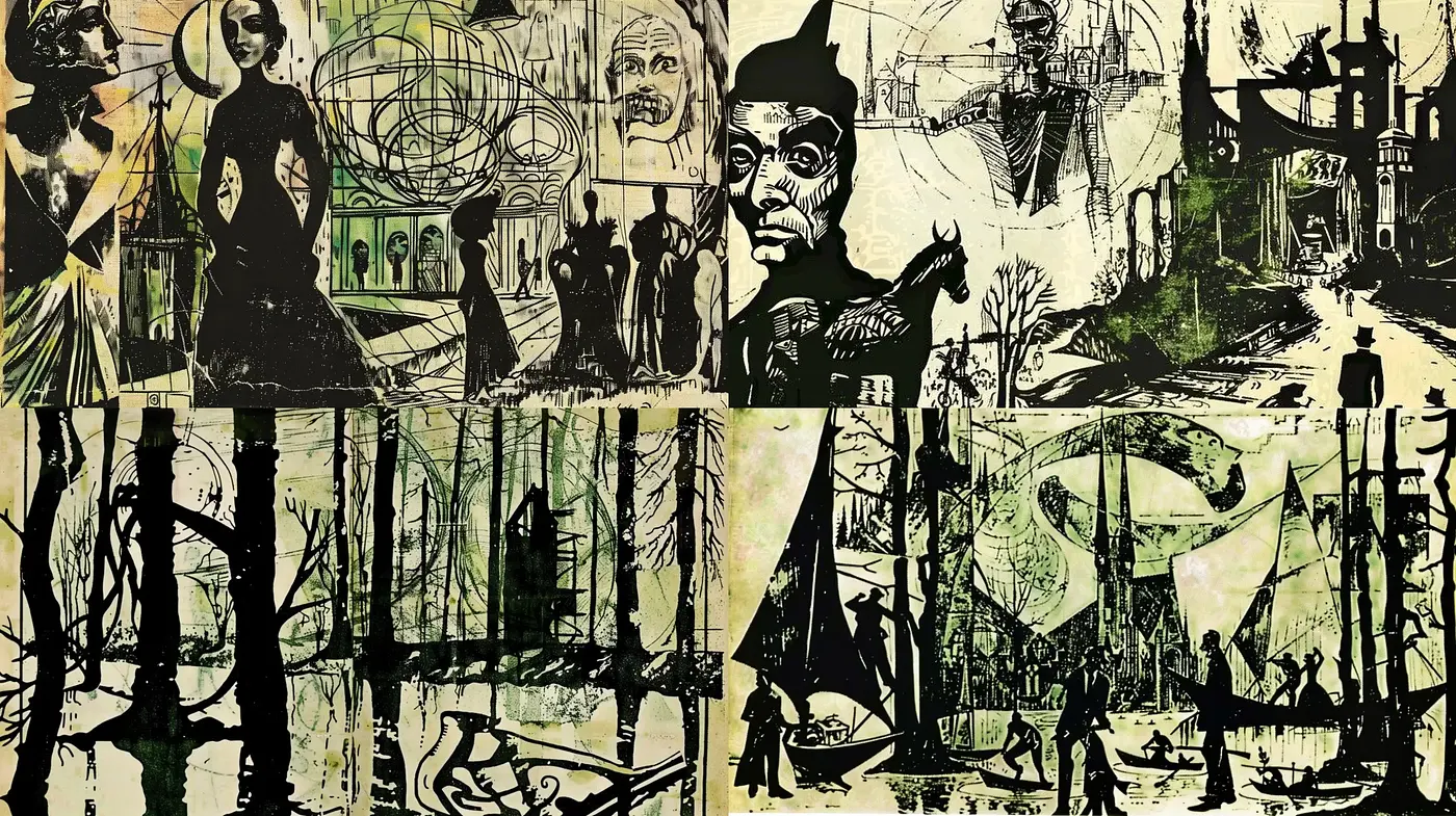 Abstract Noir Collage: A Convergence of Dark Figures and Cryptic Imagery - Midjourney sref style