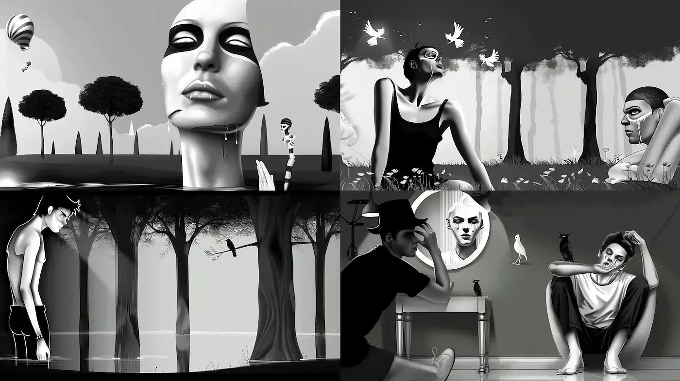 Monochromatic Surrealism with an Ethereal Dreamlike Essence - Midjourney sref style