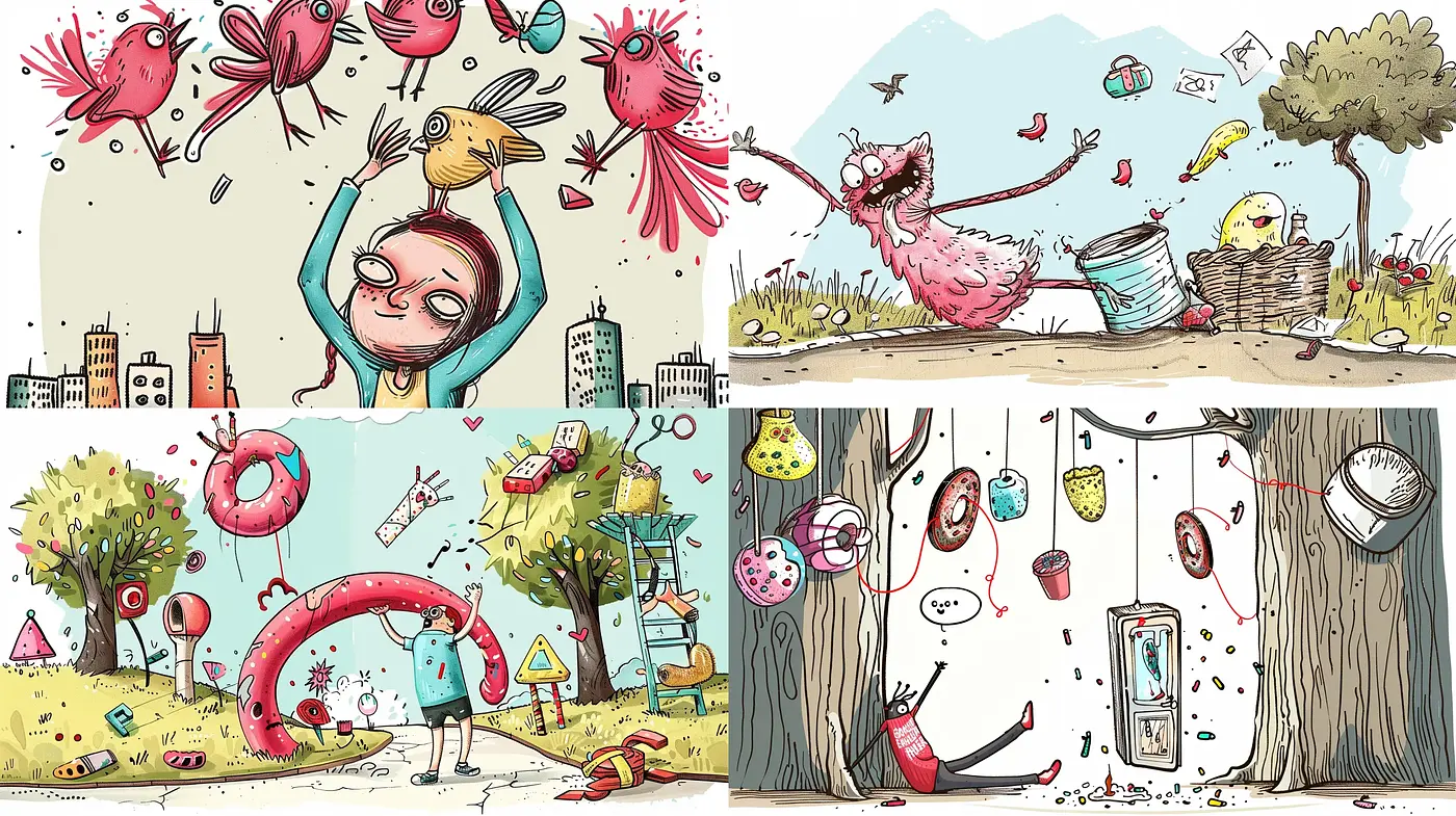 Playful Pen-And-Ink Whimsy with Splashes of Pastel Watercolor - Midjourney sref style