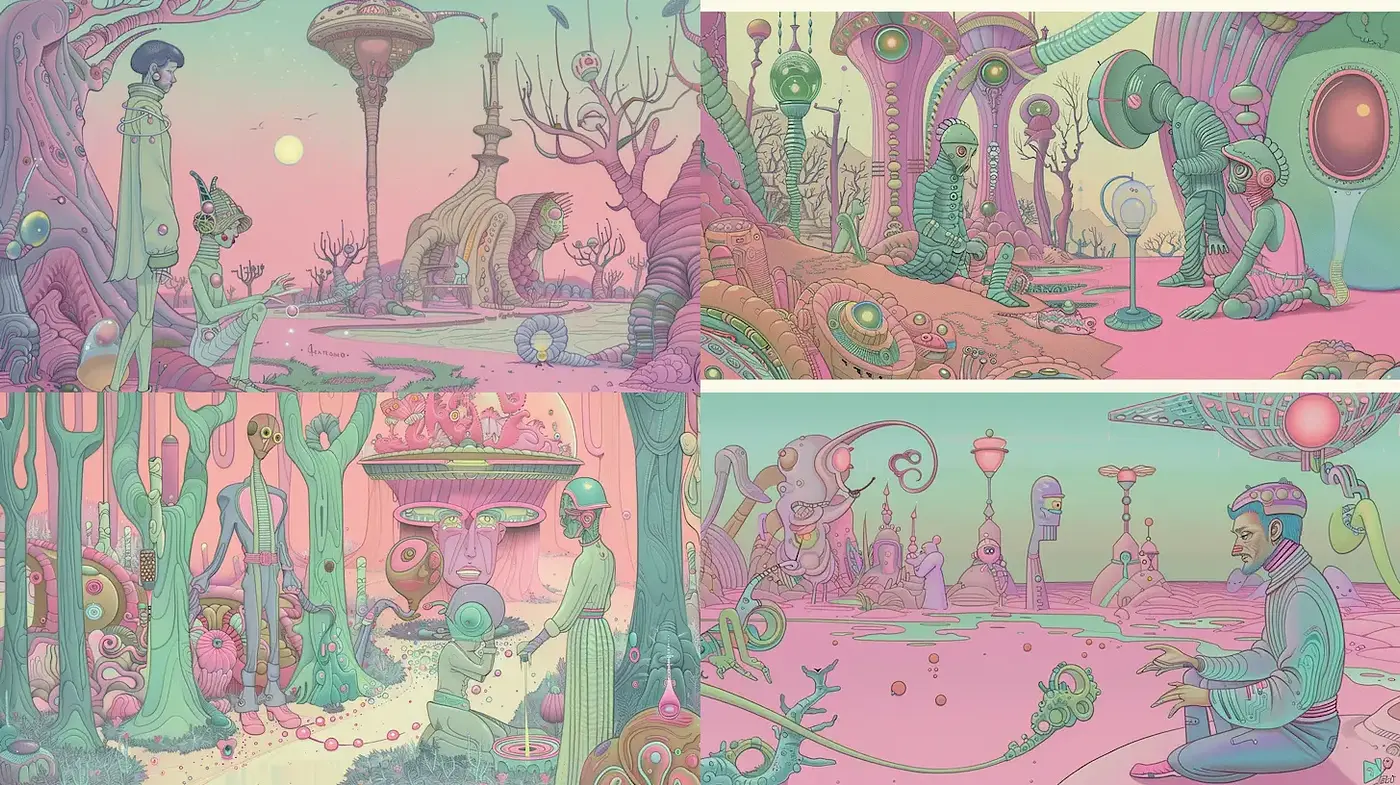 Surreal and whimsical landscapes with a dreamlike quality - Midjourney sref style