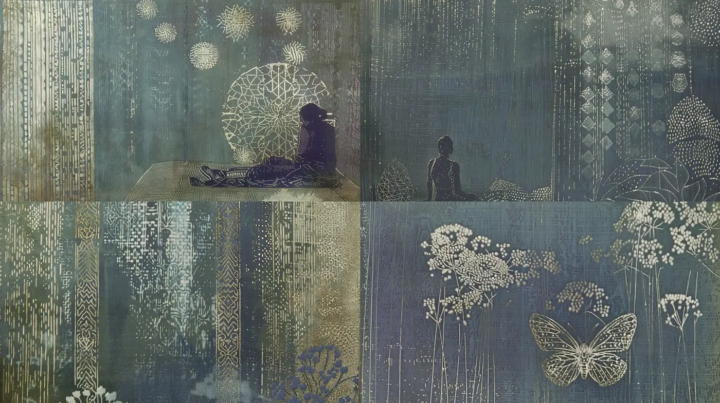 Ethereal Botanical Tapestry: A Tranquil Fusion of Nature and Abstract Textured Patterns - Midjourney sref style