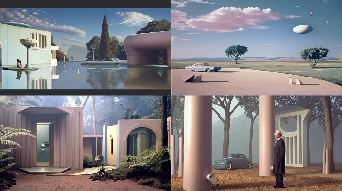 Surreal Mid-Century Reverie in Pastel - Midjourney sref style