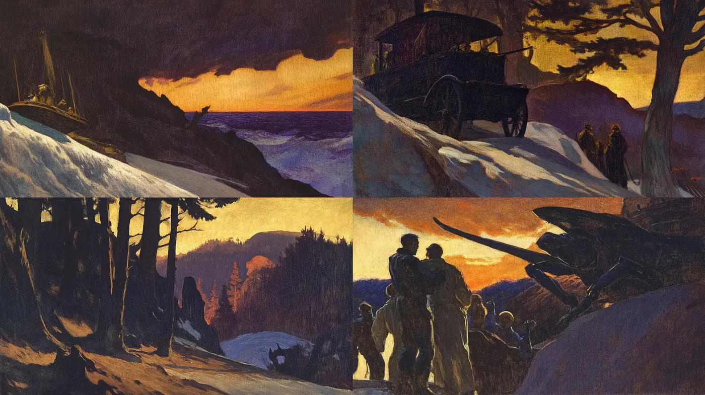 Twilight Silhouettes Amidst Warm Hues: Consistency in Dramatic Sunset Narratives - Midjourney sref style