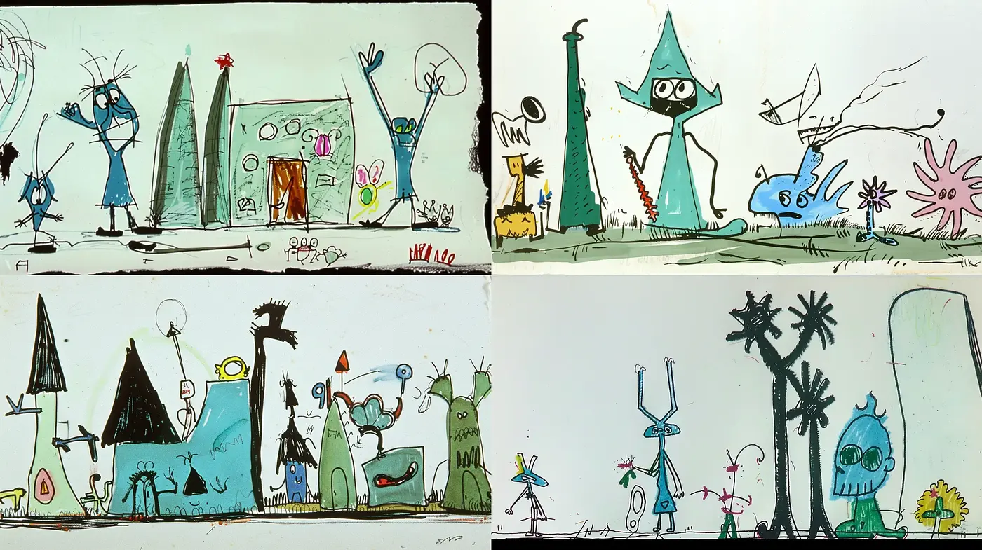 Whimsical Surrealistic Doodles in Watercolor and Ink - Midjourney sref style
