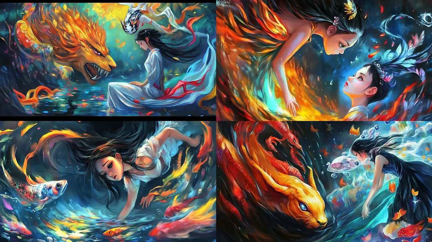 Dramatic Mythical Fusion with Ethereal Hues and Vivid Motion - Midjourney sref style