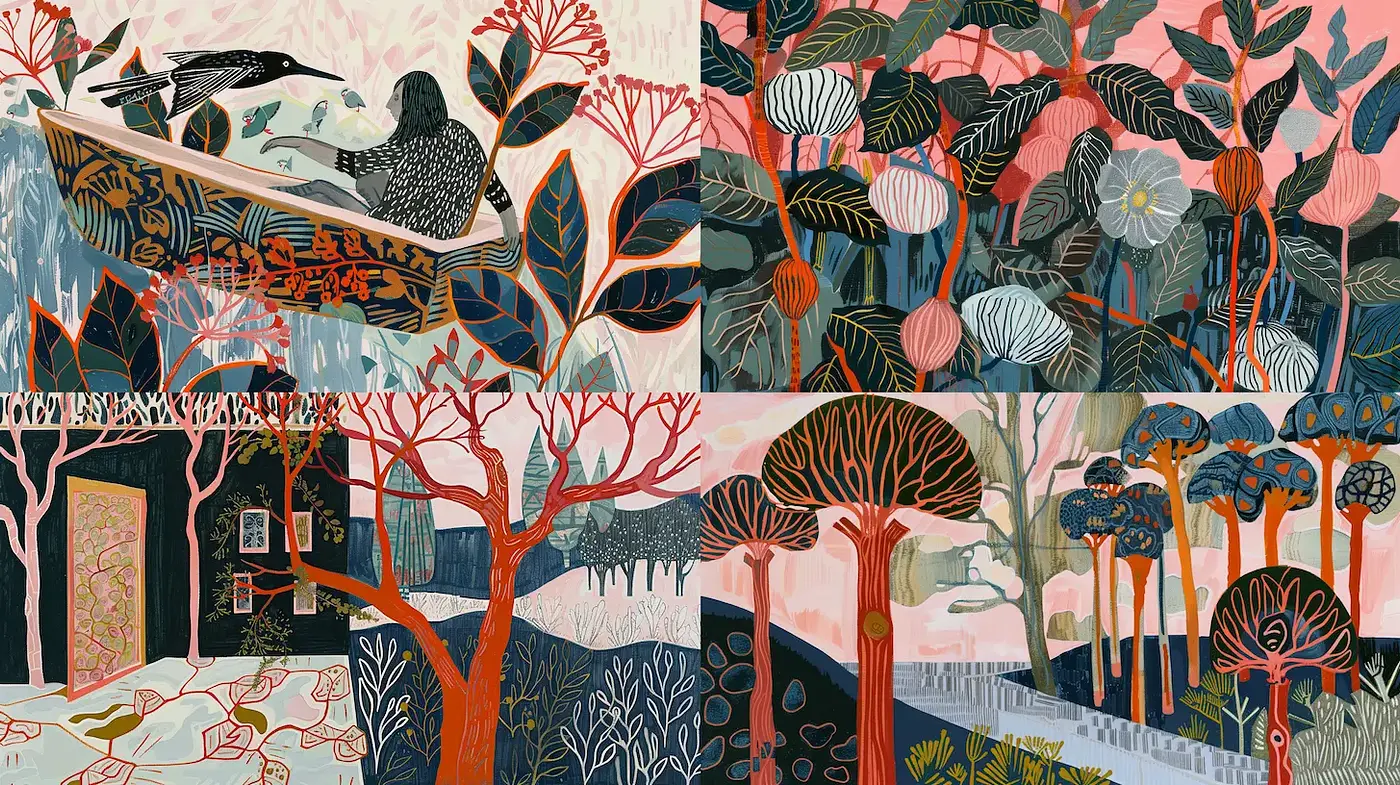 Whimsical Illustrative Landscapes with Vibrant Nature Elements - Midjourney sref style