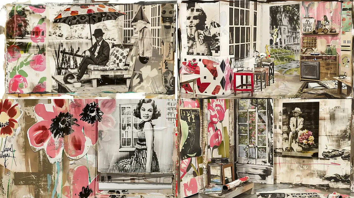 Eclectic Collage of Sepia-Toned Nostalgia and Blossoming Florals - Midjourney sref style