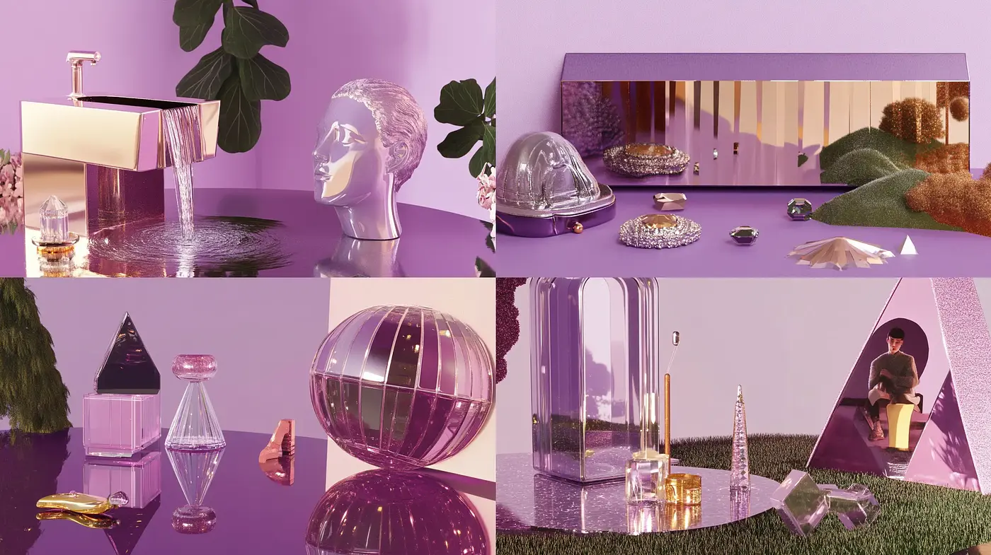 Lavender Hues and Glassy Textures: A Study in Contemporary Reflections - Midjourney sref style