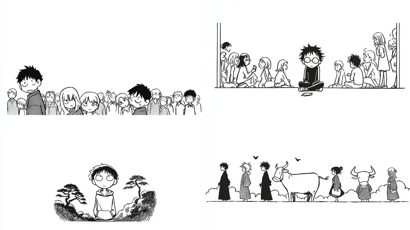 Monochromatic Comic-Style Artwork with Minimalist Elements - Midjourney sref style